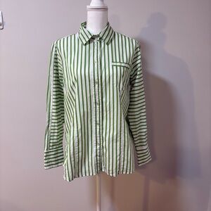 Green White Pinstripe Button Down Shirt Preppy Tailored Cotton Tunic Women’s XL